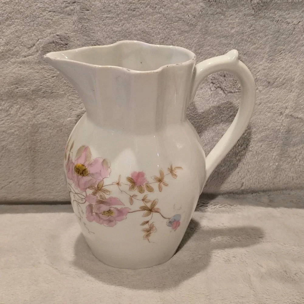 Vintage White Ceramic Floral Pitcher Scalloped Rim Pink Flower Creamer Jug